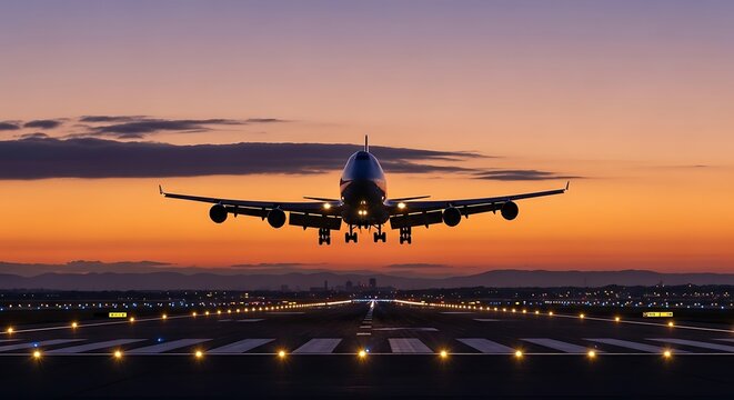 Airplane approaching runway at dusk, bathed in the twilight glow ready for landing adventure