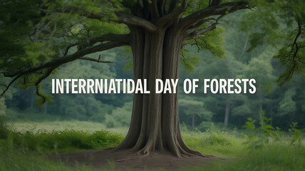 International Day of Forests celebrated with a serene forest scene featuring a large tree