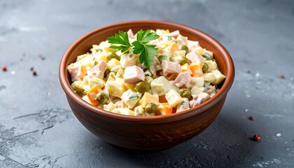 A hearty salad bowl, filled with a colorful, creamy mixture