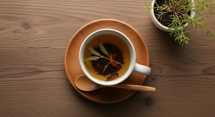 A comforting cup of herbal tea with fresh leaves on a rustic wooden table, perfectly brewed for a moment of relaxation and natural wellness, evoking warmth and tranquility