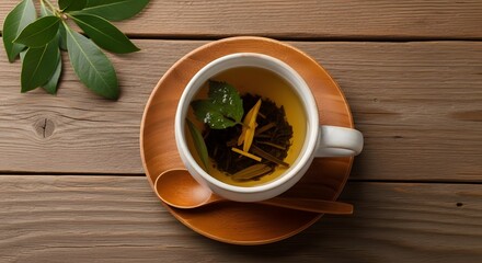A warm cup of freshly brewed herbal tea with green leaves on a rustic wooden table, a serene moment of relaxation and wellness