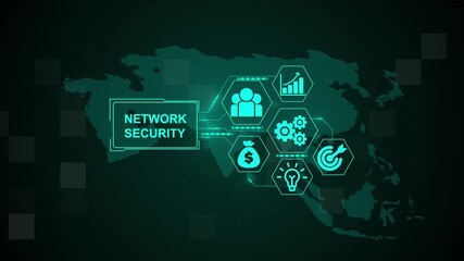Network Security, Hologram Futuristic Interface Concept. Business, Technology, Internet and network concept. Digital world map technology background. - Powered by Adobe