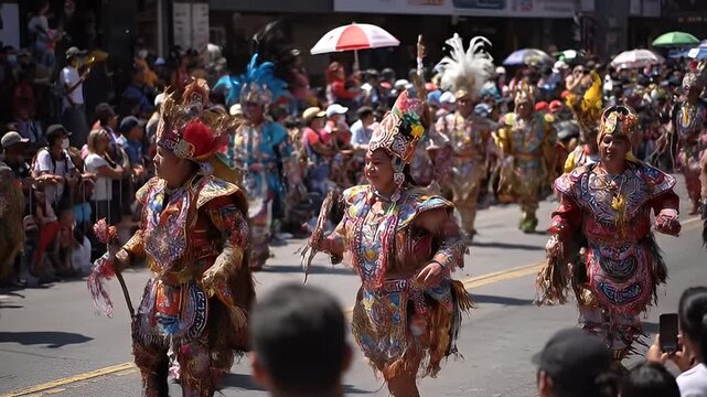 Vibrant Traditional Dancers in Colorful Costumes Parade Through a Lively Street Celebration