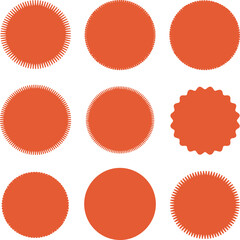 A collection of various orange circular badges and seals in different styles and designs