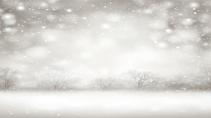 Winter snowy landscape, with bare trees and falling snowflakes, misty atmosphere, wide view, copy space
