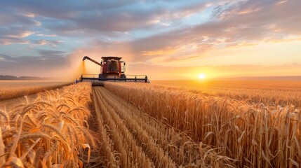 Fototapeta premium Combine harvester working wheat field during sunset harvest