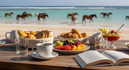 Delicious breakfast spread with fresh fruits and pastries by the serene ocean with horses grazing in the water