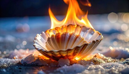 Flaming seashell nested on glittering icy ground, showcasing surreal fusion of fire & ice in a high-contrast, bokeh-rich, mystical scene
