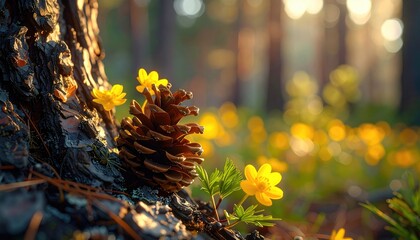 A sunlit pine cone nestled by a tree's textured bark, with vibrant yellow flowers blossoming in a sun-drenched forest clearing