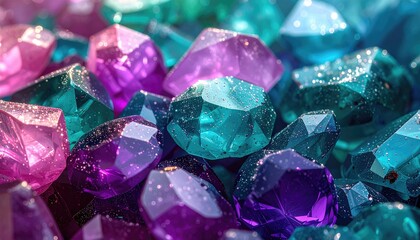 A colorful close-up image reveals a vibrant heap of gems in shades of pink, purple, turquoise, and blue, sparkling with refracted light