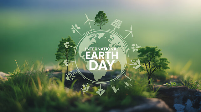 International Earth Day celebration with globe, renewable energy symbols, and natural landscape