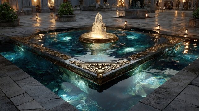 Courtyard fountain with glowing blue water