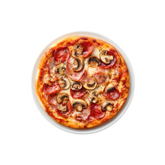 Sliced pizza with mushrooms, pepperoni, and ham on a round white plate transparent background