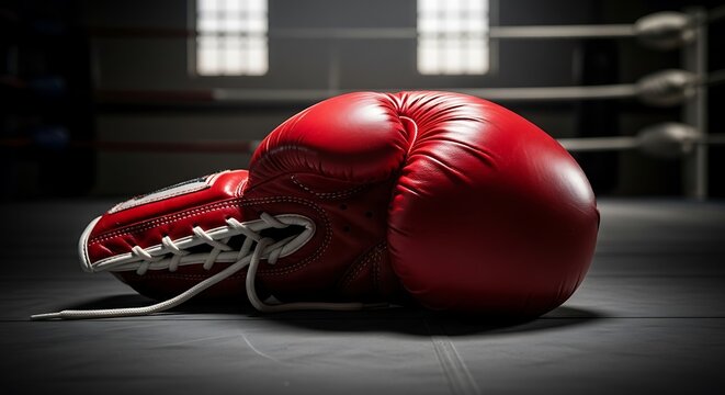 A pair of red boxing gloves resting on the canvas of a boxing ring, ready for a fight