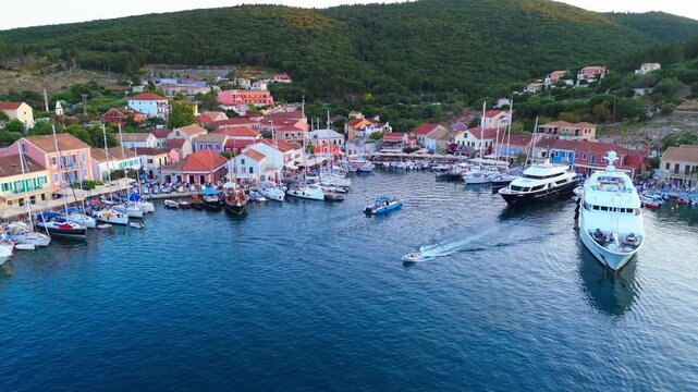 Fiskardo Village, Kefalonia &mdash; colorful harbor, boats at sunset, and timeless island charm. A breathtaking Greek escape captured beautifully by drone. Shot on Dji mini 4Pro