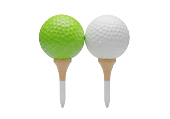 Two golf balls, one green and one white, each placed on a wooden tee and isolated on transparent background, ready for a game of golf