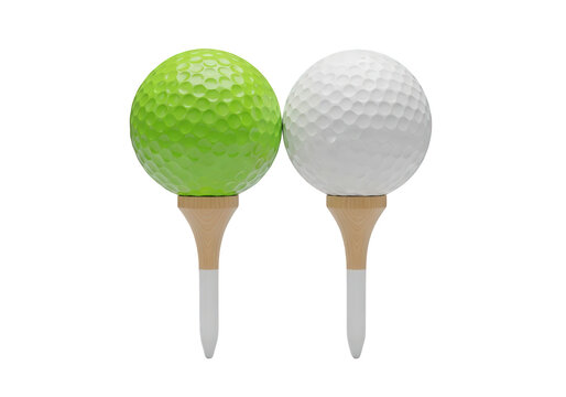 Two golf balls, one green and one white, each placed on a wooden tee and isolated on transparent background, ready for a game of golf - Powered by Adobe