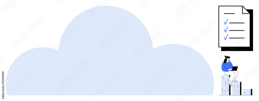 Poster large cloud with checklist and person using laptop while sitting on stacked folders. ideal for data 