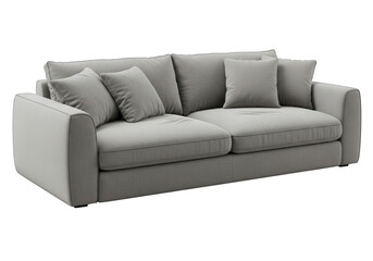 Fototapeta premium A comfortable and modern grey fabric sofa with plush cushions, perfect for any living room setting, isolated on transparent background