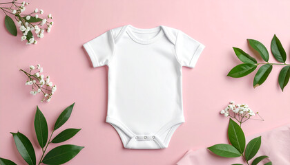 Blank white baby bodysuit flat lay, surrounded by fresh green leaves and delicate white blossoms on a soft pastel pink background, ideal for product mockups, baby fashion, or newborn apparel designs