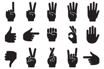 Hand gesture icons set counting from one to five. Black silhouette collection of finger signs.. Collection of hand gestures, icons, symbols, and signs in various minimalist graphic styles. eps 10