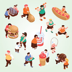 Isometric Overweight People Lifestyle With Food and Activity Illustration Design