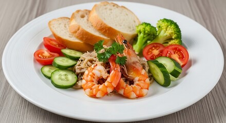 Shrimp and Vegetable Plate with Bread.