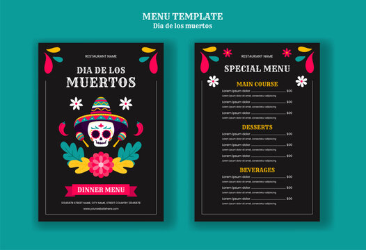 Dia de los Muertos Menu Template Illustration with Flat Cartoon Hand Drawn Background