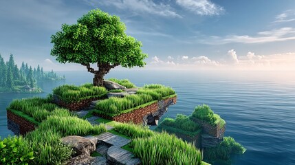 Island of grass and stone with large tree overlooking endless tranquil ocean scene