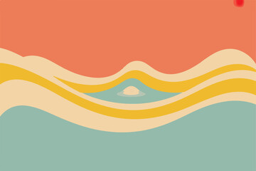 Abstract landscape illustration with retro style wavy lines and a serene color palette.