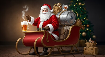 Santa claus with beer on sleigh