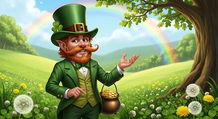 Charming leprechaun character inviting you to discover the enchanting Irish landscape and golden treasure at the end