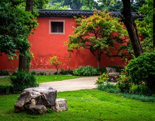 Red wall garden path, lush greenery