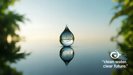 A single water droplet floats above a calm reflective surface, symbolizing purity and environmental sustainability.