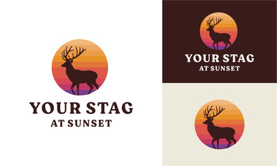 Wild animal silhouette logo vector design of deer standing with sunset background