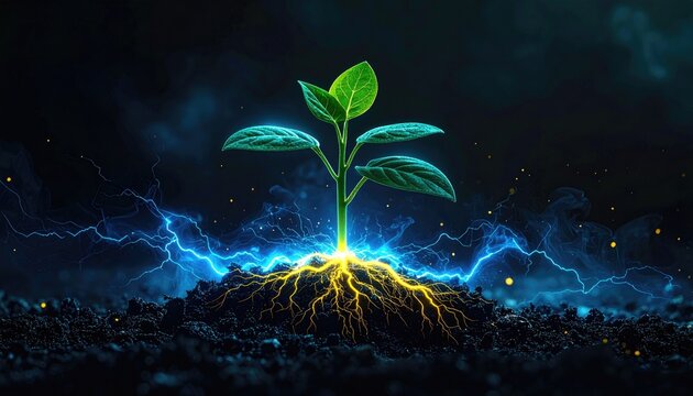 Fototapeta A vibrant plant emerges from dark soil, lit with ethereal blue energy and a warm, glowing core. The scene evokes themes of growth & potential