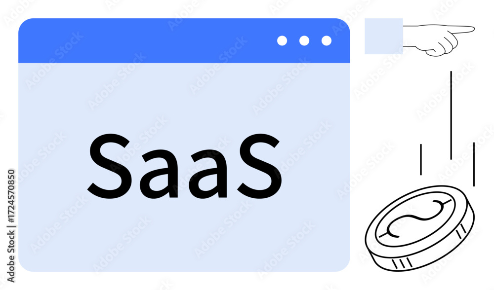Poster browser window labeled saas, a coin falling and pointing hand. ideal for technology, payment, subscr