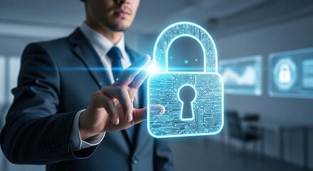 A person in a business suit interacts with a glowing, digital padlock, suggesting modern security technology.