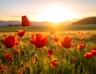 Obraz premium Red poppies in a field at sunset