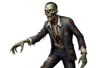 A terrifying zombie with glowing red eyes and tattered clothing, isolated on a transparent background, reaching out with decaying hands in a menacing pose, representing horror and the undead