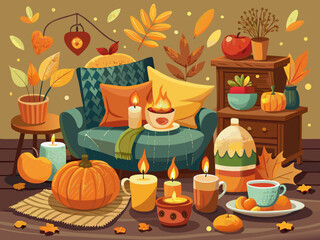 Obraz premium Cozy autumn indoor decor vector illustration featuring pumpkins candles and warm furniture for seasonal graphics
