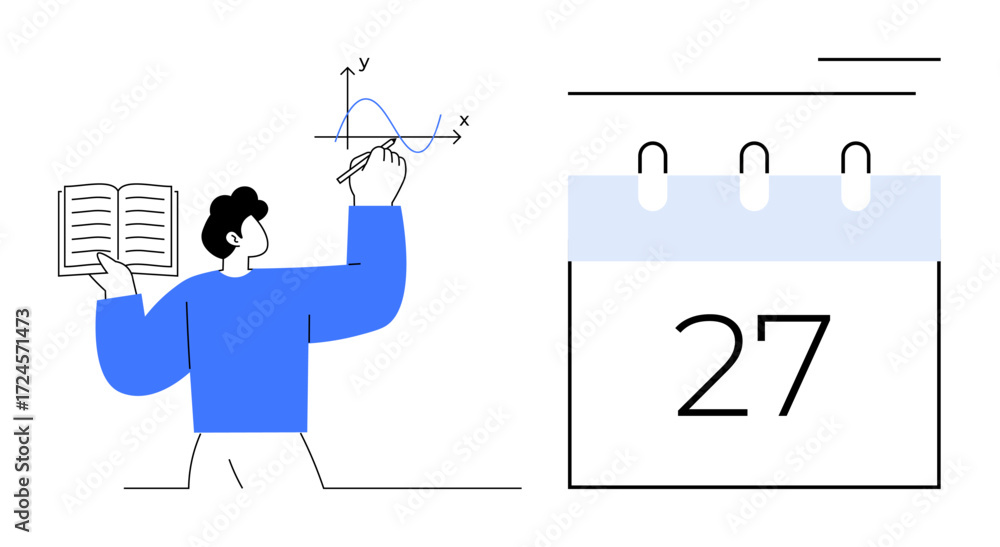 Poster person creating cartesian graph while holding book, depicted with a calendar showing the date 27. id