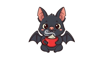 Cute cartoon bat character holding a steaming mug of hot cocoa, ready for winter