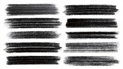 Black color crayon underline set - horizontal hand drawn chalk or marker highlighter strokes. Rough textured pencil lines with textured edges. Design elements for emphasizing text or decorative accent