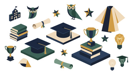 Celebrating academic achievement with graduation caps, books, diplomas, and shining awards, ideal for education marketing materials and commencement announcements