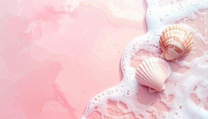 Seashells on a pink sand beach, washed by gentle, foamy waves, create a soft, dreamy seaside vista in light pink tones