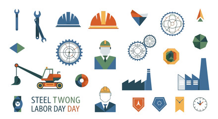 Celebrating Labor Day with construction tools, factory icons, and hardworking spirit, ideal for banners, posters, and social media campaigns that honor workers