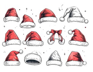 Collection of various Santa hats in sketch style