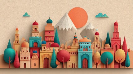 Colorful Abstract Cityscape Illustration with Geometric Buildings and Mountains