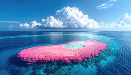 A breathtaking aerial view of a vibrant pink coral reef surrounded by turquoise ocean under a sunny blue sky dotted with fluffy white clouds